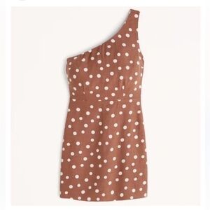 🆕 Abercrombie Linen One Shoulder Brown and White Dot Mini Dress